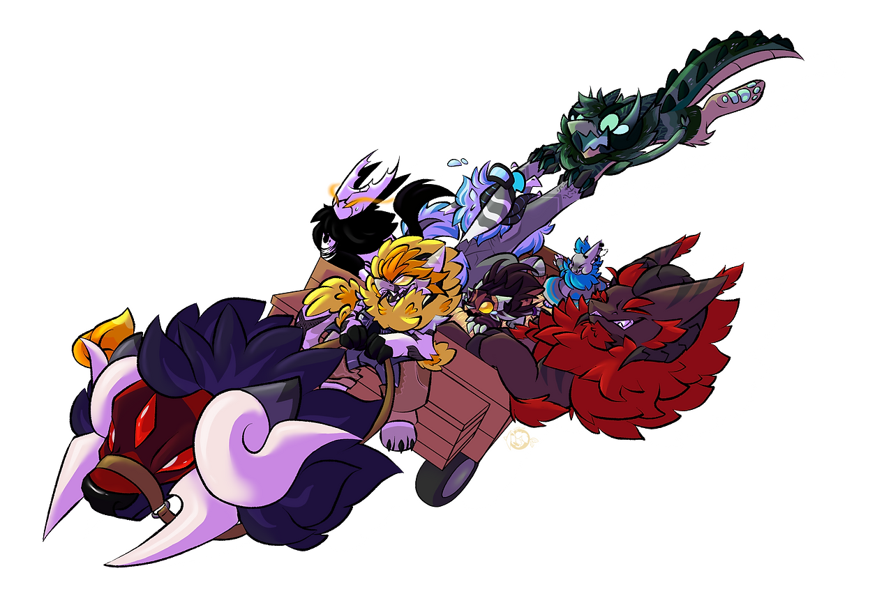 There is a cow-like creature at the front, carrying a carriage full of smaller creatures. One is flying off of the back of it