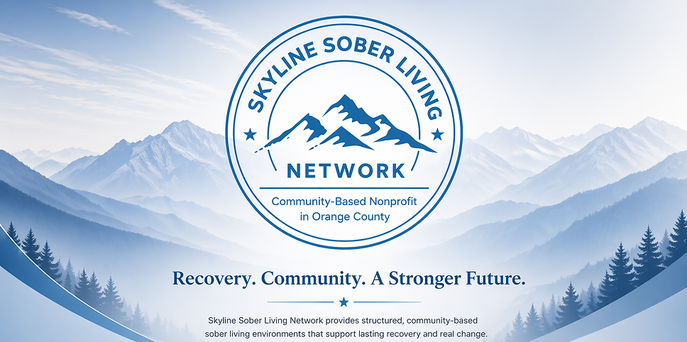 Skyline Sober Living Network banner with mountain backdrop and the message Recovery. Community. A Stronger Future.