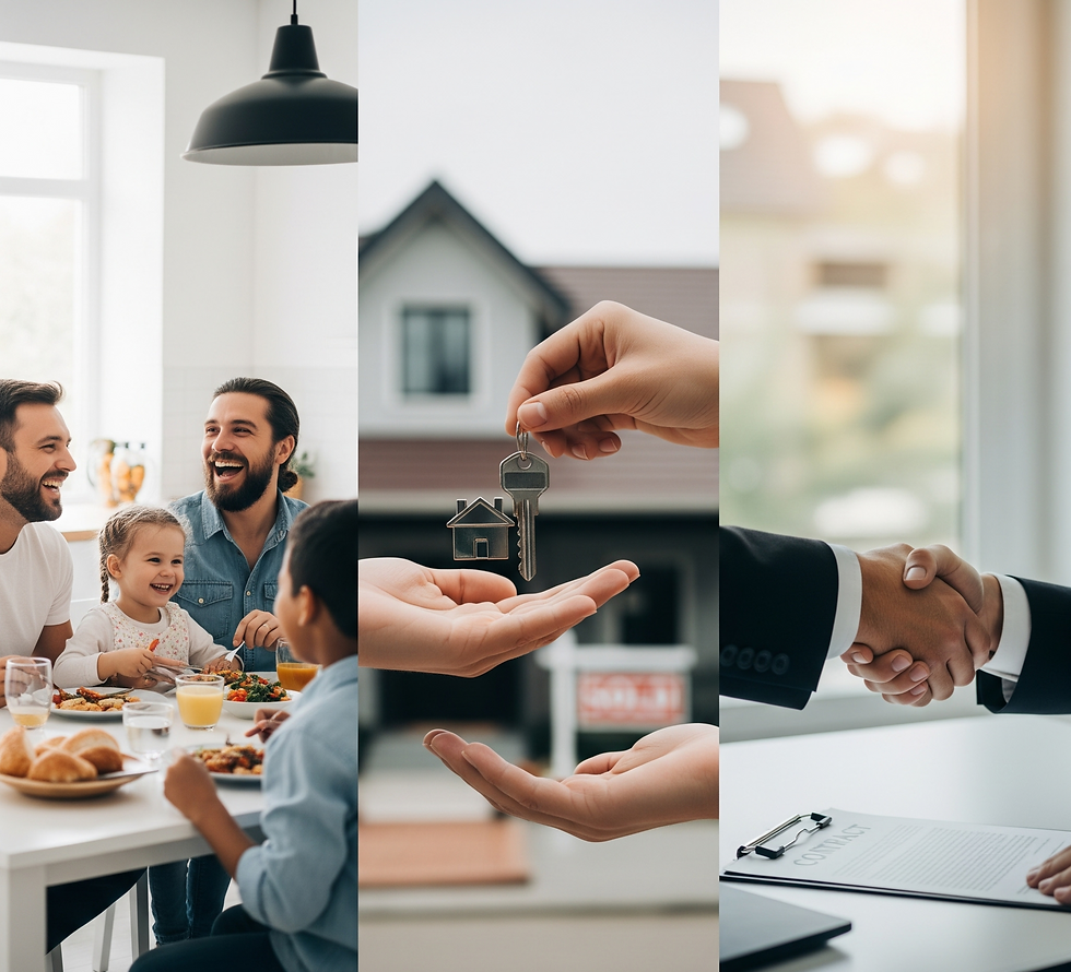 Cenas cotidianas: família, compra de imóvel, e um aperto de mãos.