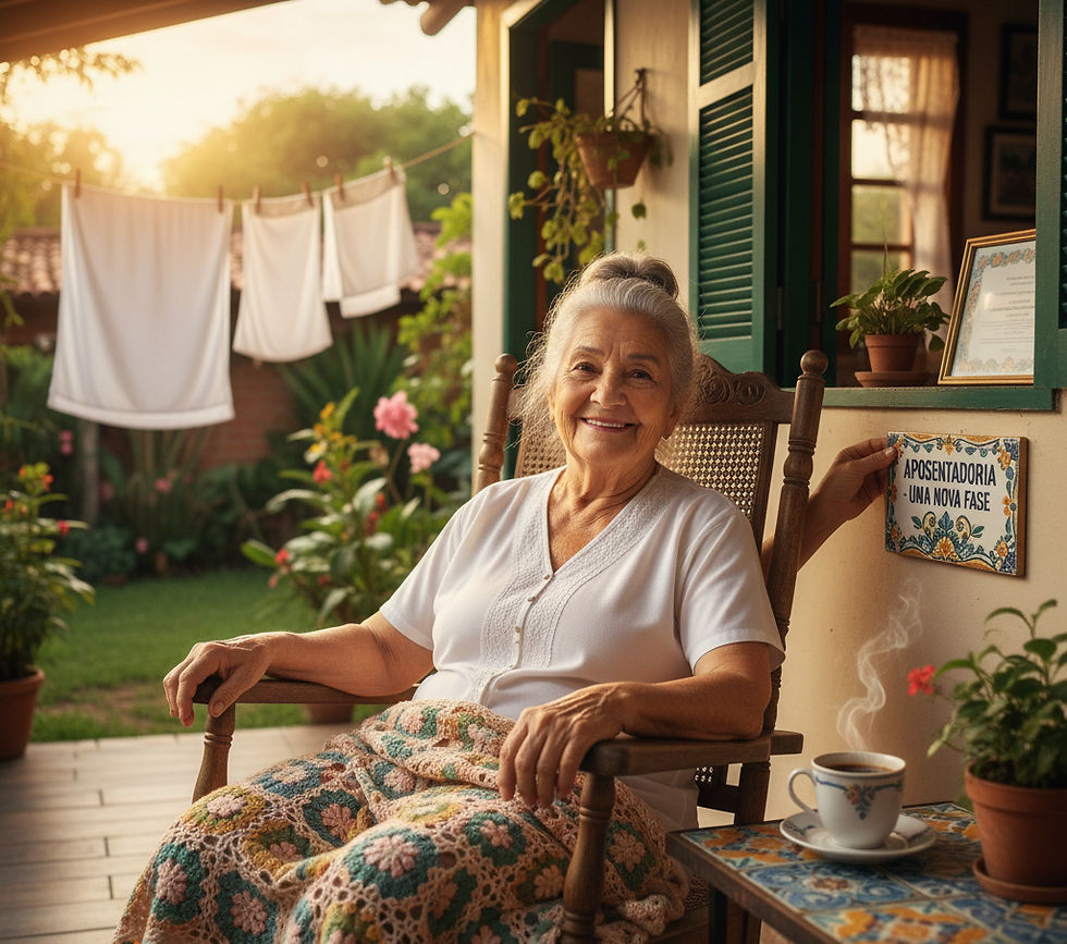 Uma mulher idosa vestida com roupa branca no jardim da casa esta sentada na cadeira de madeira cor castanha atras dela escrita em uma placa aposentadoria de dona de casa e no fundo tem 3 toalhas brancas com um fio segurando elas.