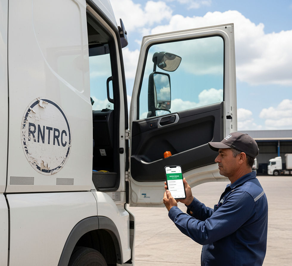 A imagem mostra um caminhoneiro em pé, do lado de fora da porta aberta de um caminhão branco, olhando para a tela de seu celular.