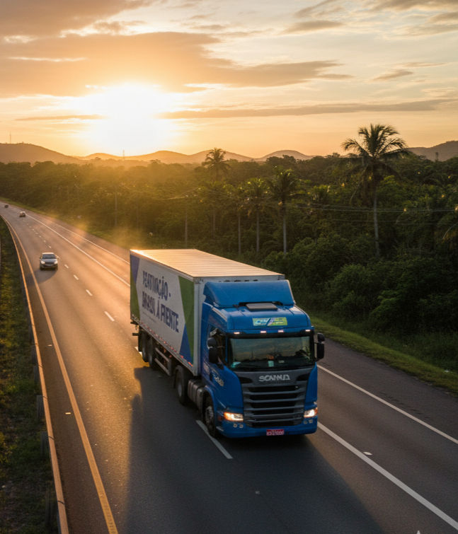 Caminhão azul rodando em uma estrada bem pavimentada ao pôr do sol, em meio a uma paisagem tropical com colinas e palmeiras simbolizando ANTT vencida.