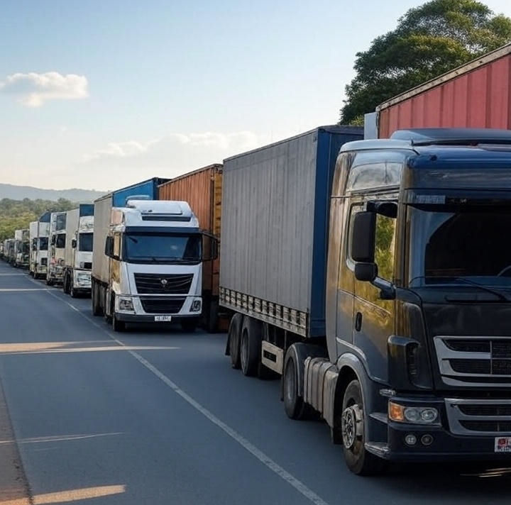 Caminhões parados simbolizando multas por falta de renovação RNTRC, destacando a importância da regularização para transporte de cargas no Brasil.