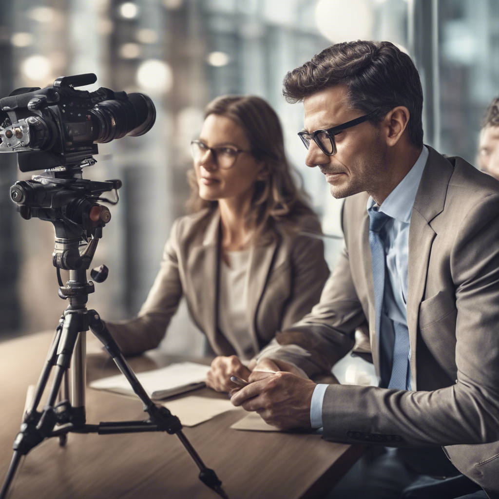 Business professionals in suits focus on a video camera in an office setting. Both look serious, with blurred cityscape outside.
