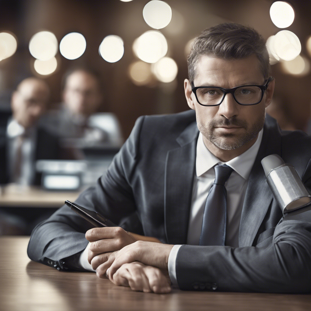 Serious man in glasses sits at a table with a microphone, holding a pen. Blurred background with bokeh lights sets a professional mood.