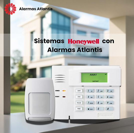 Panel de control y sensor de movimiento Honeywell instalados en un hogar moderno, representando la tecnología avanzada en seguridad ofrecida por Alarmas Atlantis en Tijuana.