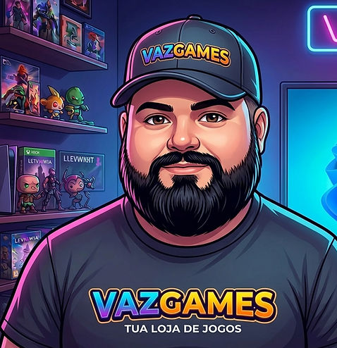 Avatar de homem com barba e boné Vaz Games em loja de jogos.