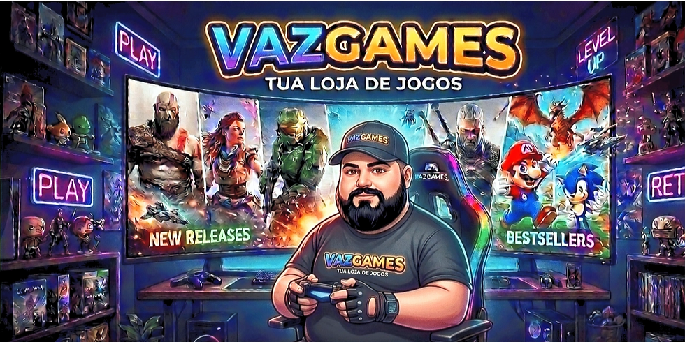 Logo VazGames Tua Loja de Jogos com personagem gamer e consoles
