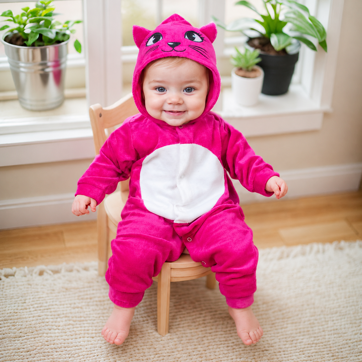 Macacão Longo Em Plush Para Bebê Capuz Bordado Gatinha Pink 