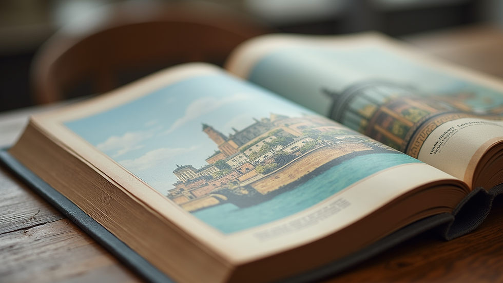 Close-up view of a printed book with a travel-themed cover