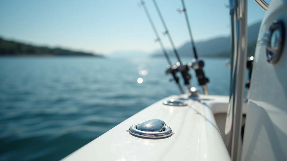 High angle view of a fishing boat deck with billet aluminum cleats and rod holders