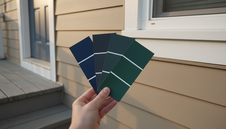 Close-up view of paint swatches held against home siding