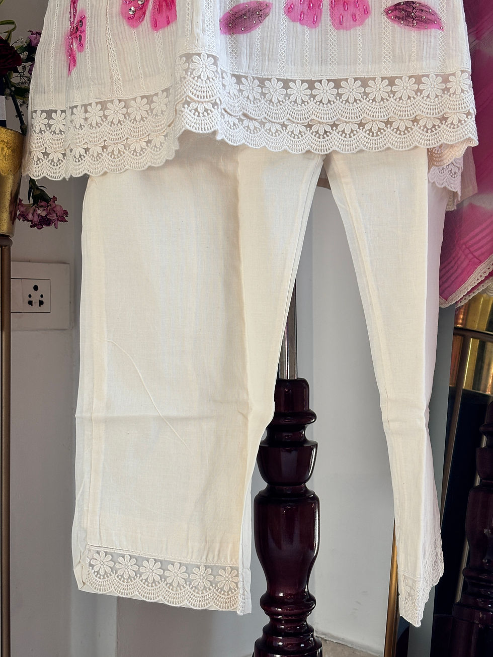 Thumbnail: Ivory peplum style embroidered suit set