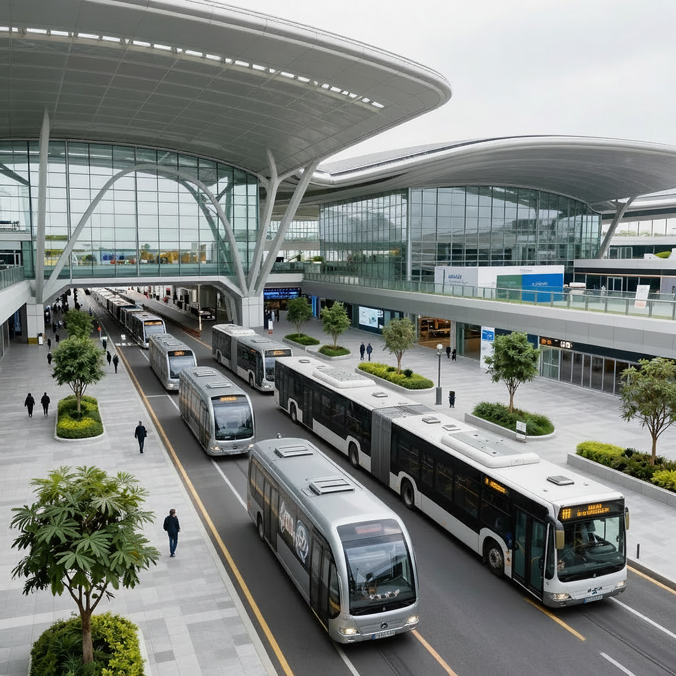 Buslogistik für Events: Moderne Busse vor Terminal.
