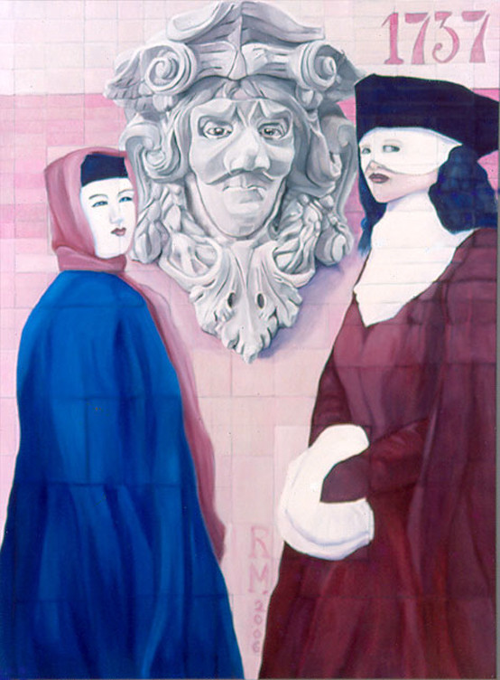 two masked figures with a bas-relief in middle and corresponding house number