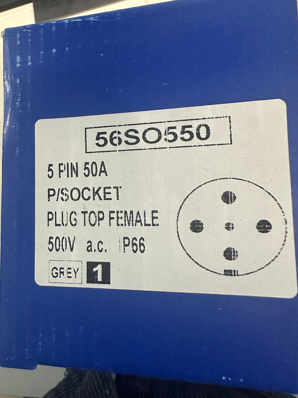 Thumbnail: 56SO550 IP66 50A 500V P/SOCKET PLUG TOP FEMALE | 3 Phase 5 Round Pins