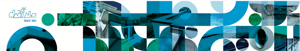 Vue d’ensemble d’une fresque murale géométrique pour Dani Alu, composée de formes industrielles intégrant des photos de chantier.