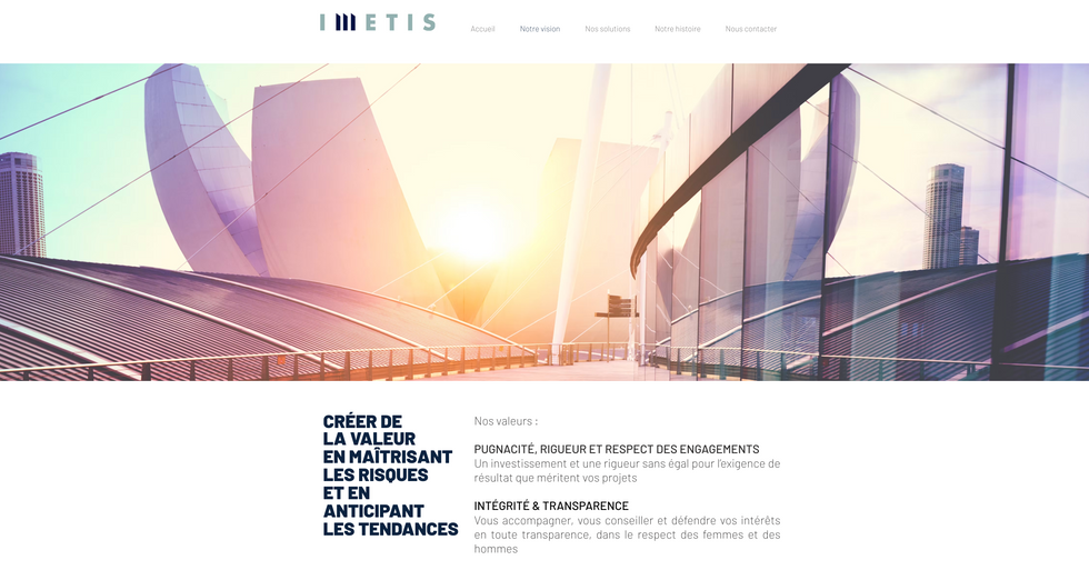 Section notre vision du site IMETIS détaillant l’accompagnement technique, juridique, commercial et financier pour les projets immobiliers.