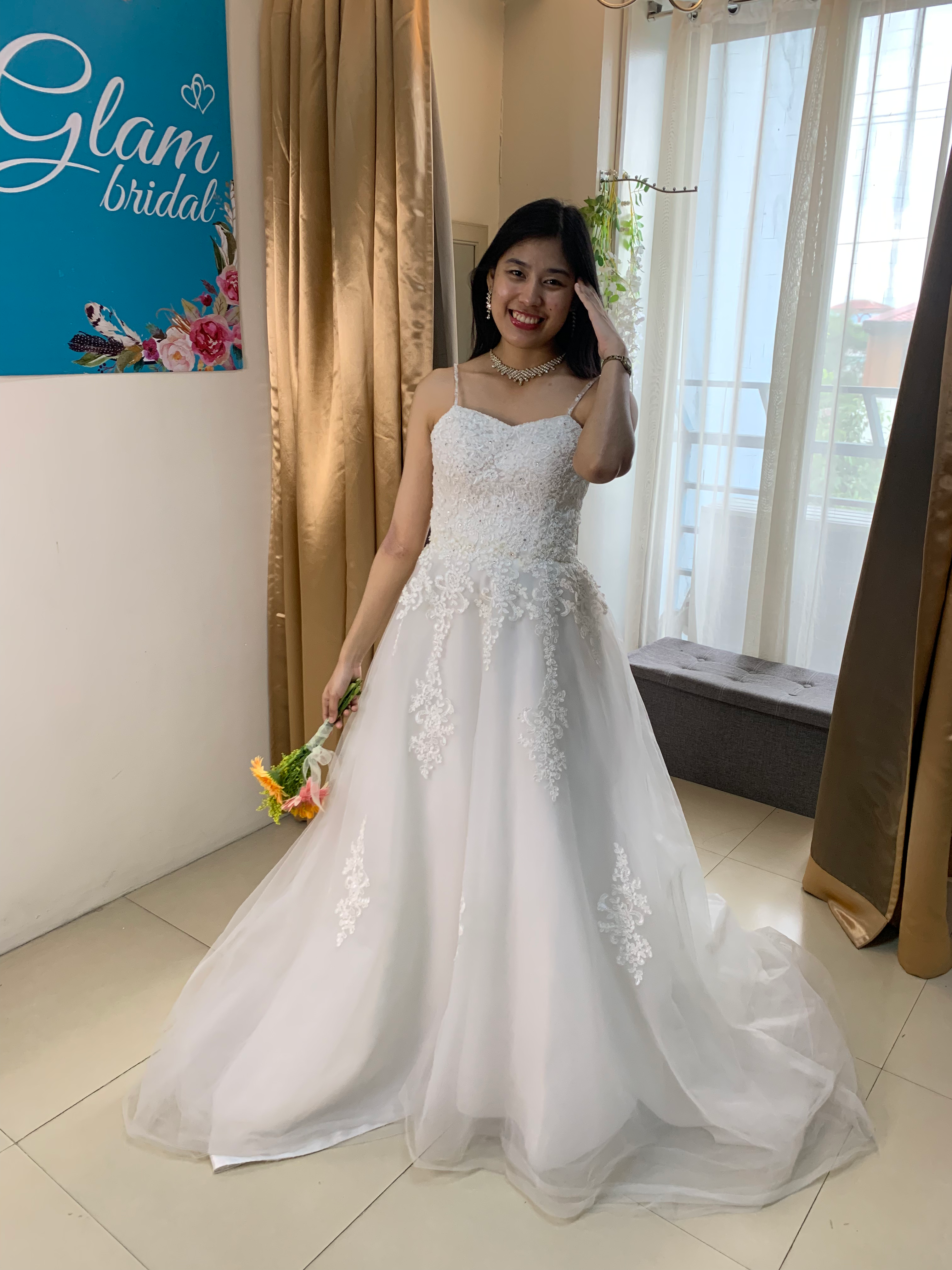 GENEVIEVE lace appliqued tulle gown with Swarovski crystals