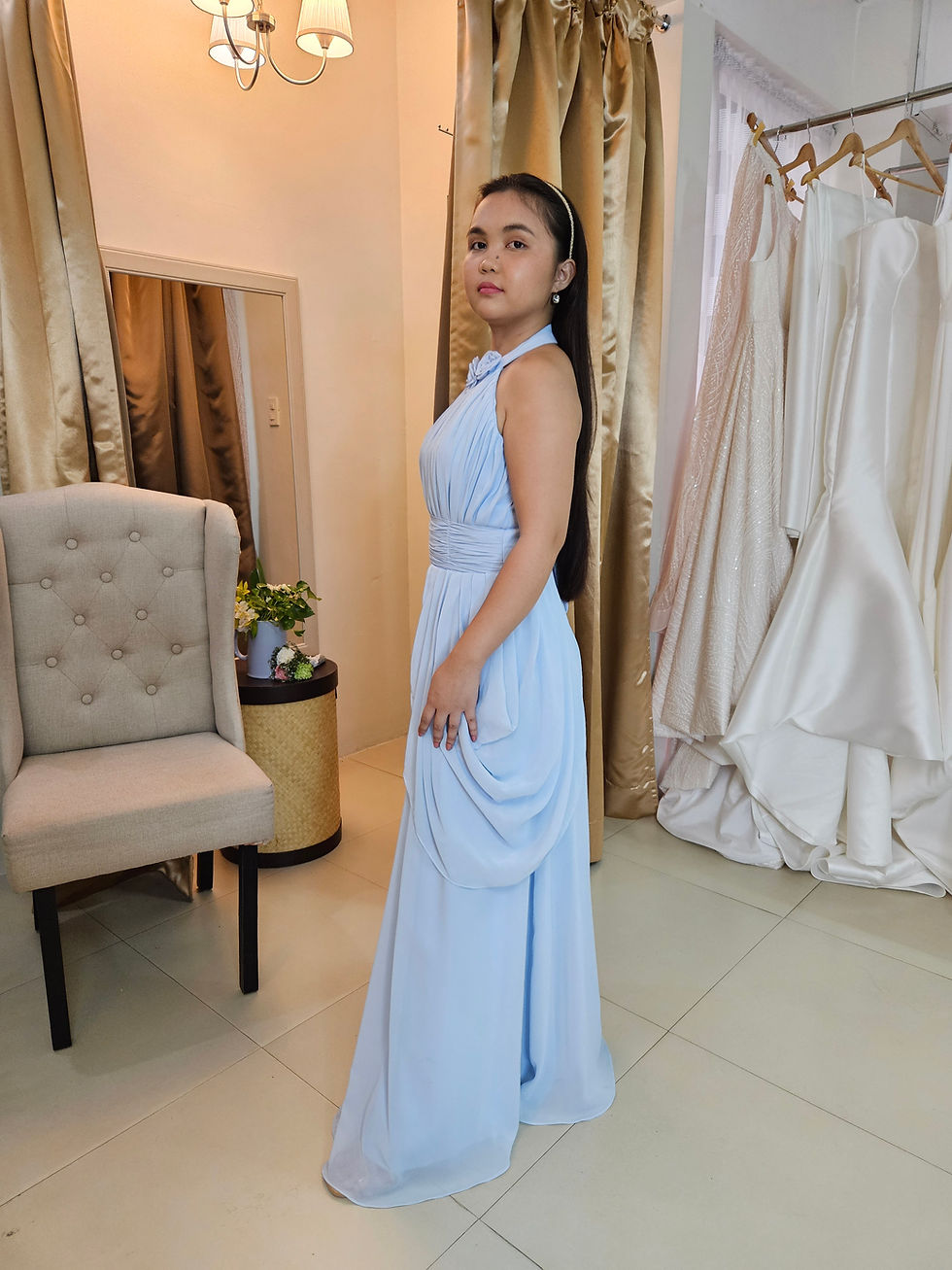 Thumbnail: DOLLY  halter draped A-line dress with ruched top