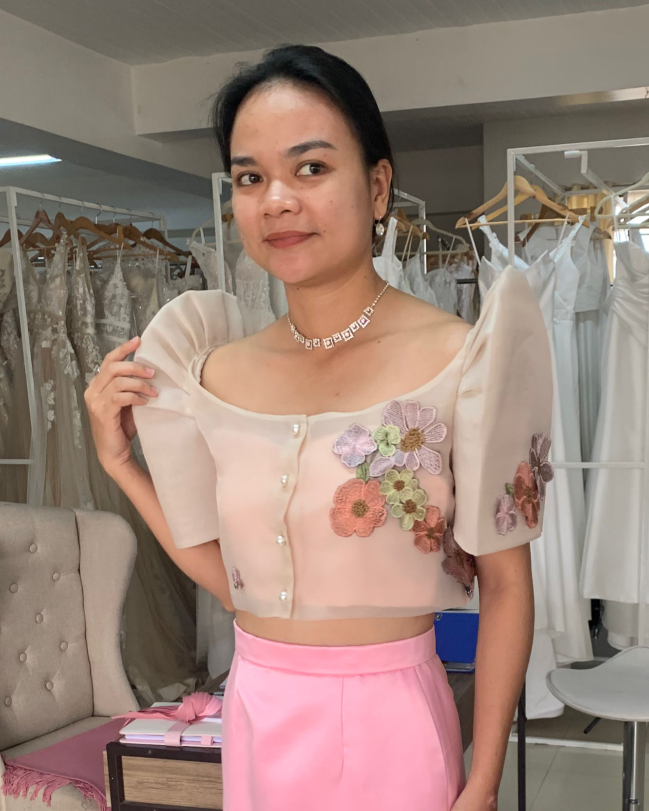LAKAMBINI Filipiniana camisa with 3D floral applique