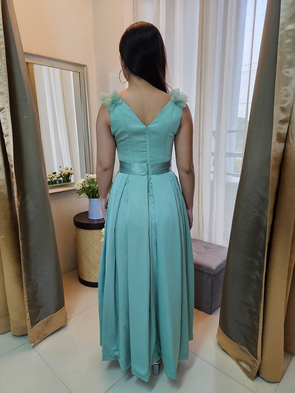 Thumbnail: MIU belted pleated silk dress with tulle on shoulders