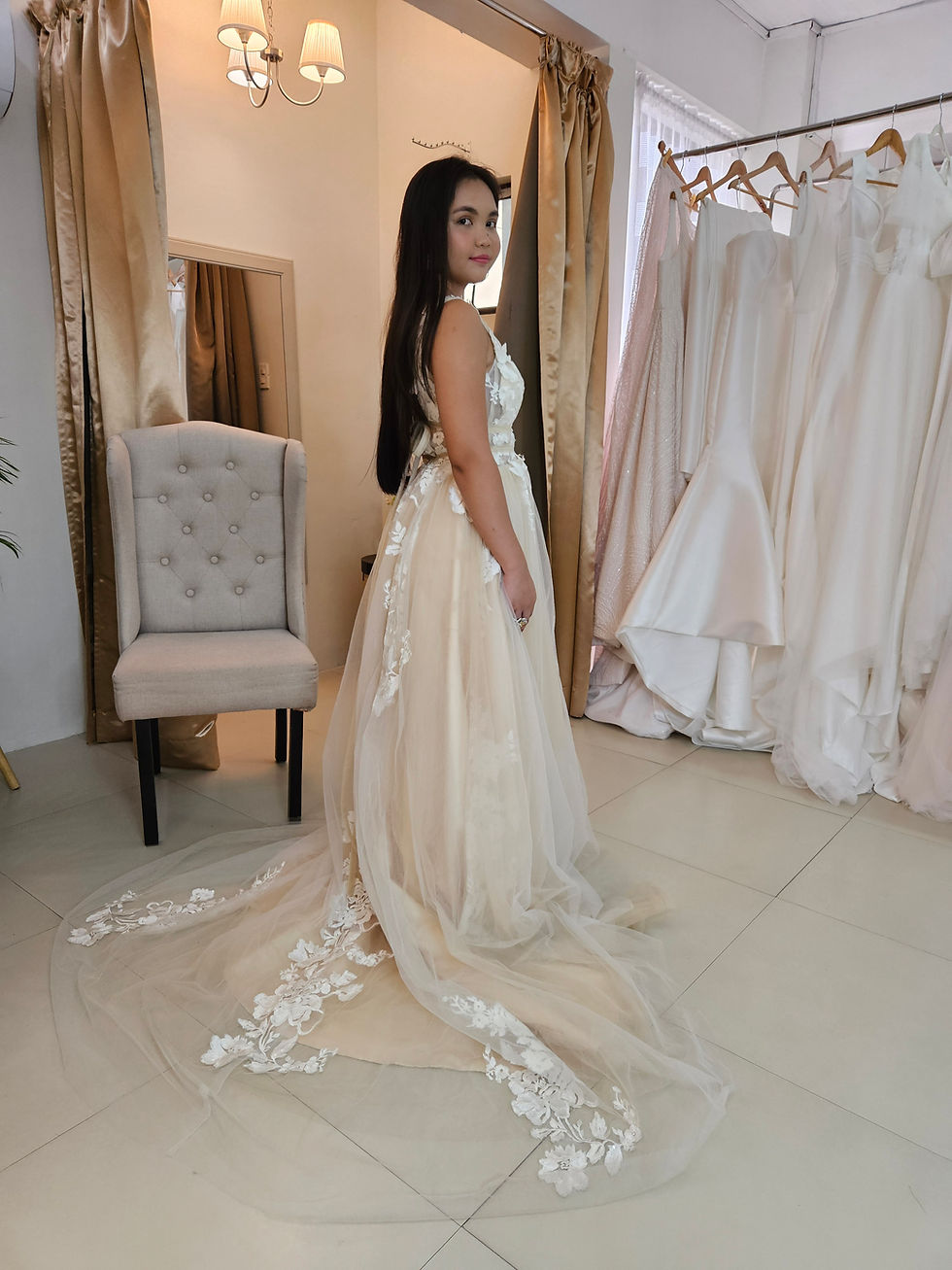 Thumbnail: LILOU lace appliqued nude champagne tulle dress