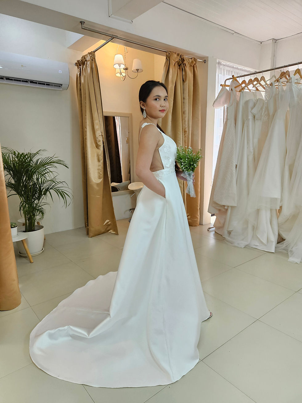 Thumbnail: HELENE minimalist Mikado silk A-line gown with illusion back