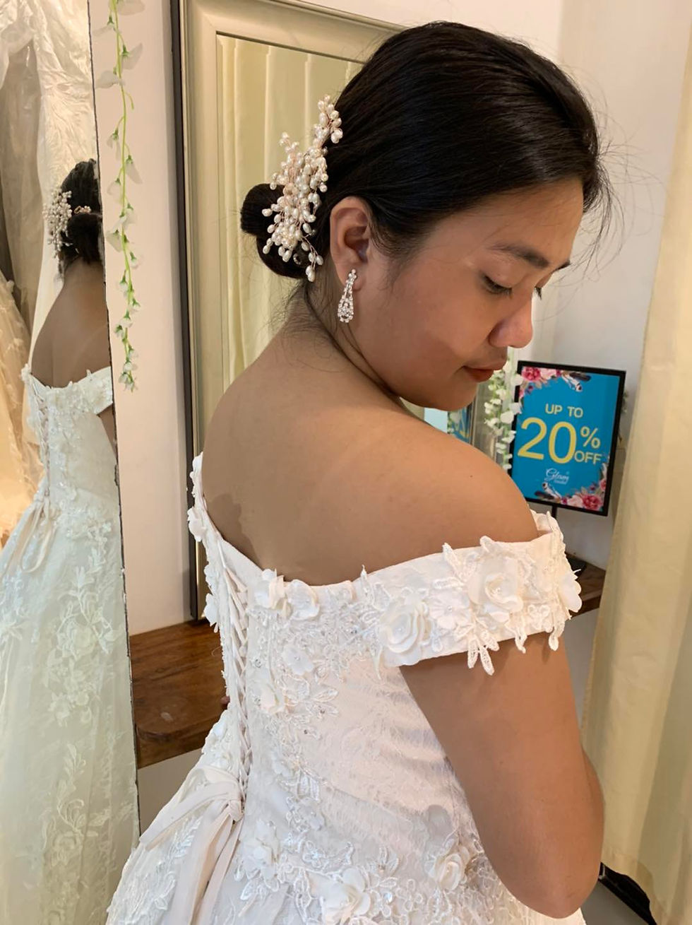 Thumbnail: FLORA off-shoulder 3D floral lace appliqued wedding ballgown