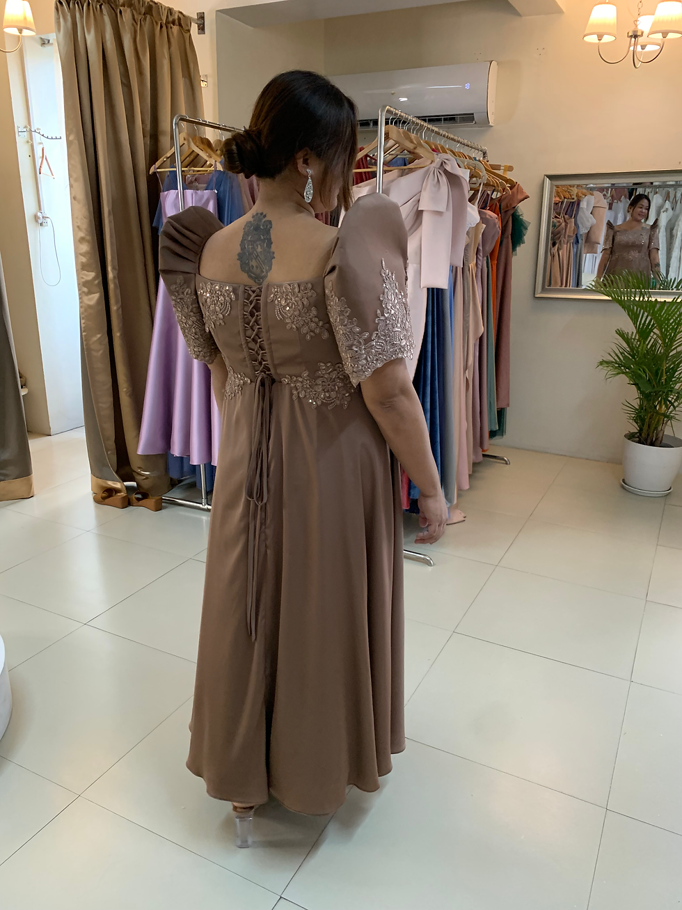 Thumbnail: GUSTAA modern Filipiniana dress with embellished lace applique