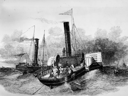 A black and white drawing of a ship laying undersea cables