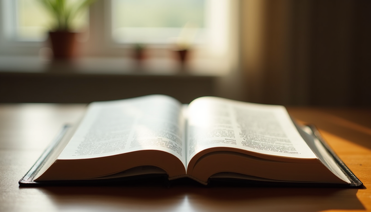 Eye-level view of an open Bible resting on a wooden table with soft natural light illuminating the pages