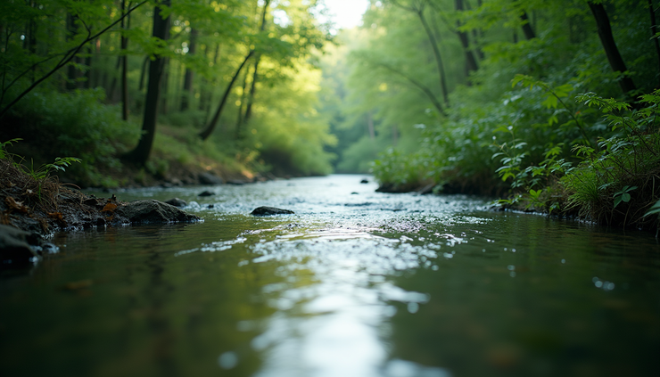 Eye-level view of a calm river flowing steadily between green trees