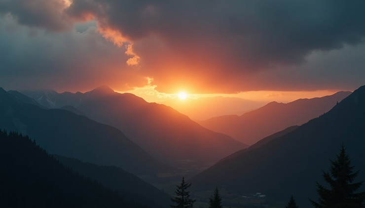 Eye-level view of a sunrise breaking through dark clouds over a quiet mountain valley