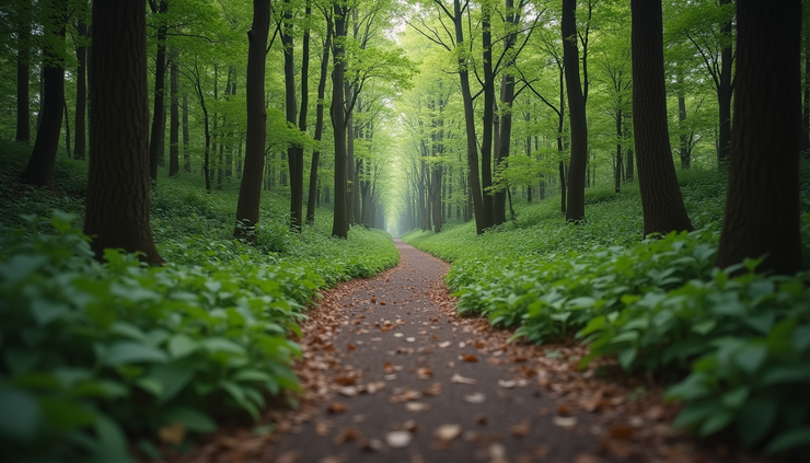 Eye-level view of a winding path through a forest symbolizing steady progress