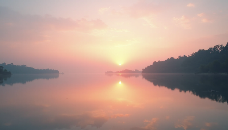 Eye-level view of a serene lake at sunset reflecting calm waters and soft pastel skies