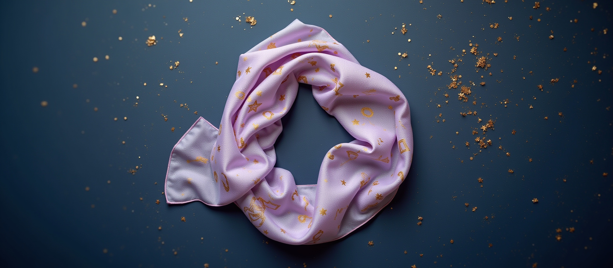 Purple silk scarf with gold dots on dark blue background with glitter.