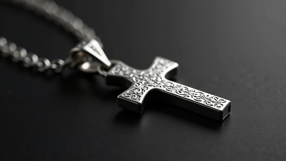 Close-up view of a personalized silver cross necklace with intricate engraving