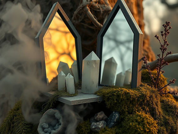 Witchy Modern Aestetic, Mirrors, Crystals, Smoke, Moss, Herbs, Golden Dusk Colors .jpg