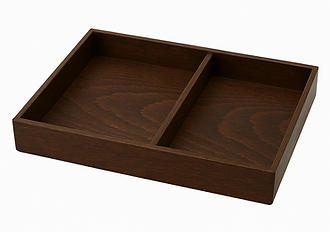 İki bölmeli koyu ceviz renkli ahşap otel buklet tepsisi – sabun, duş seti, misafir havlusu sunumu için