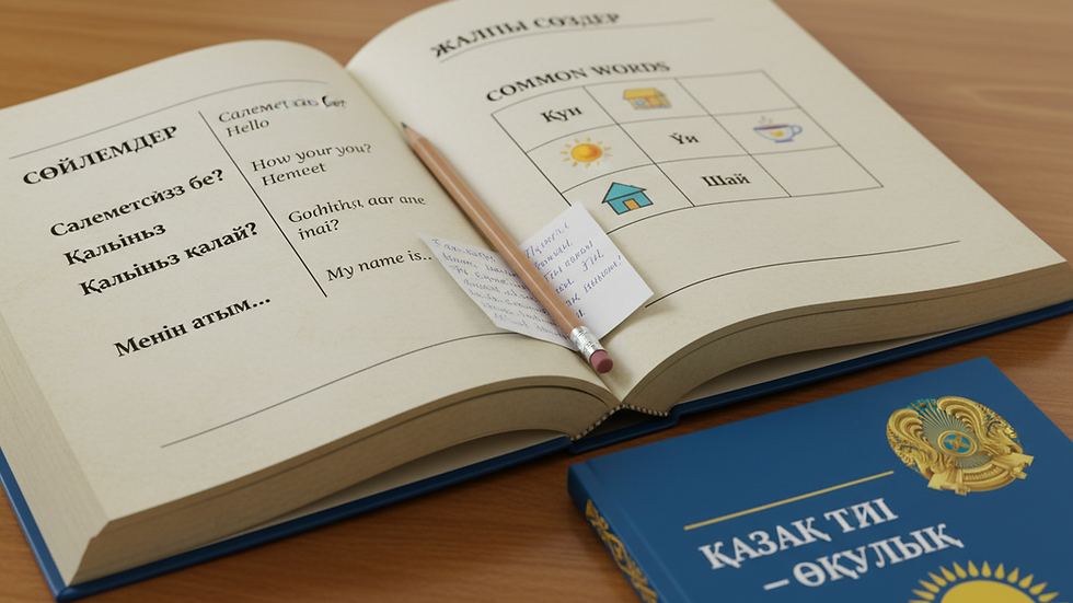 Close-up of a Kazakh language textbook open to a lesson on common phrases