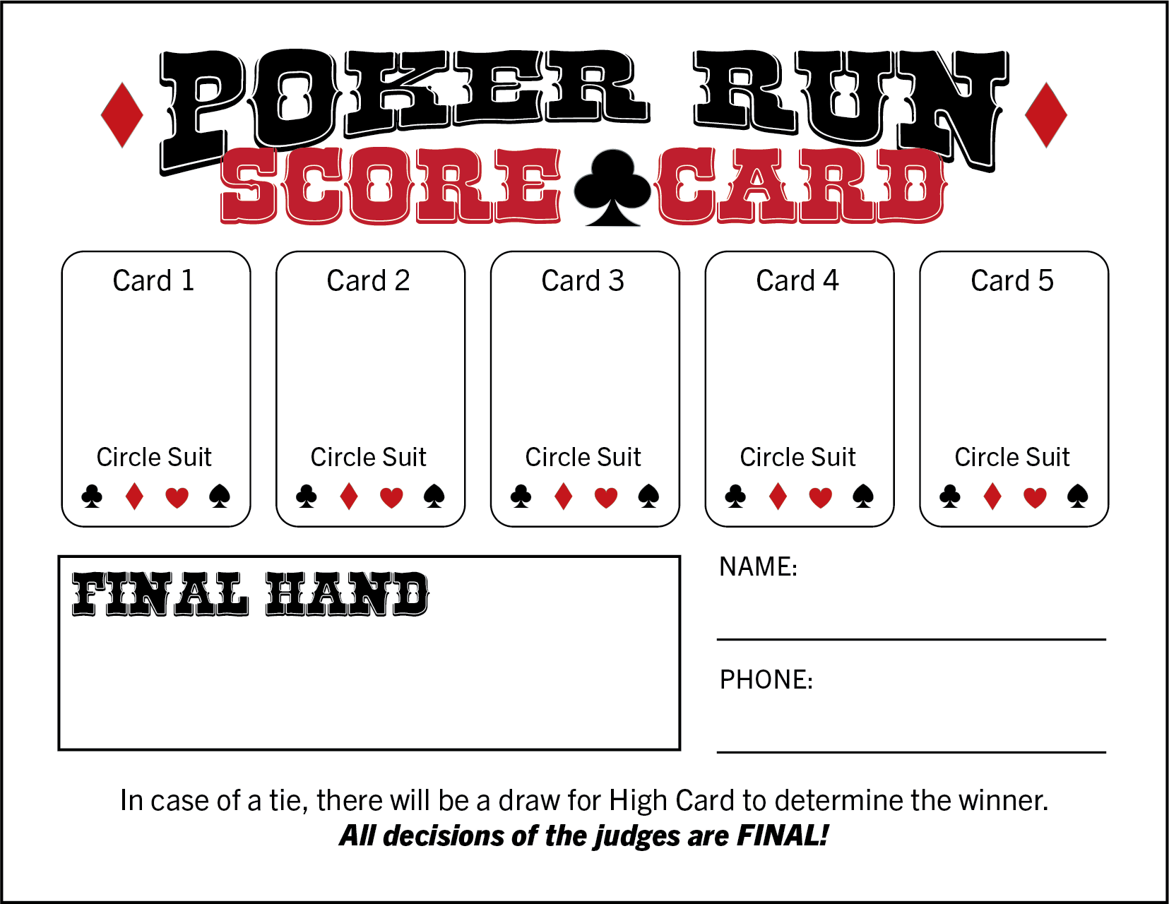 Poker Run Score Card - 5 Card Layout