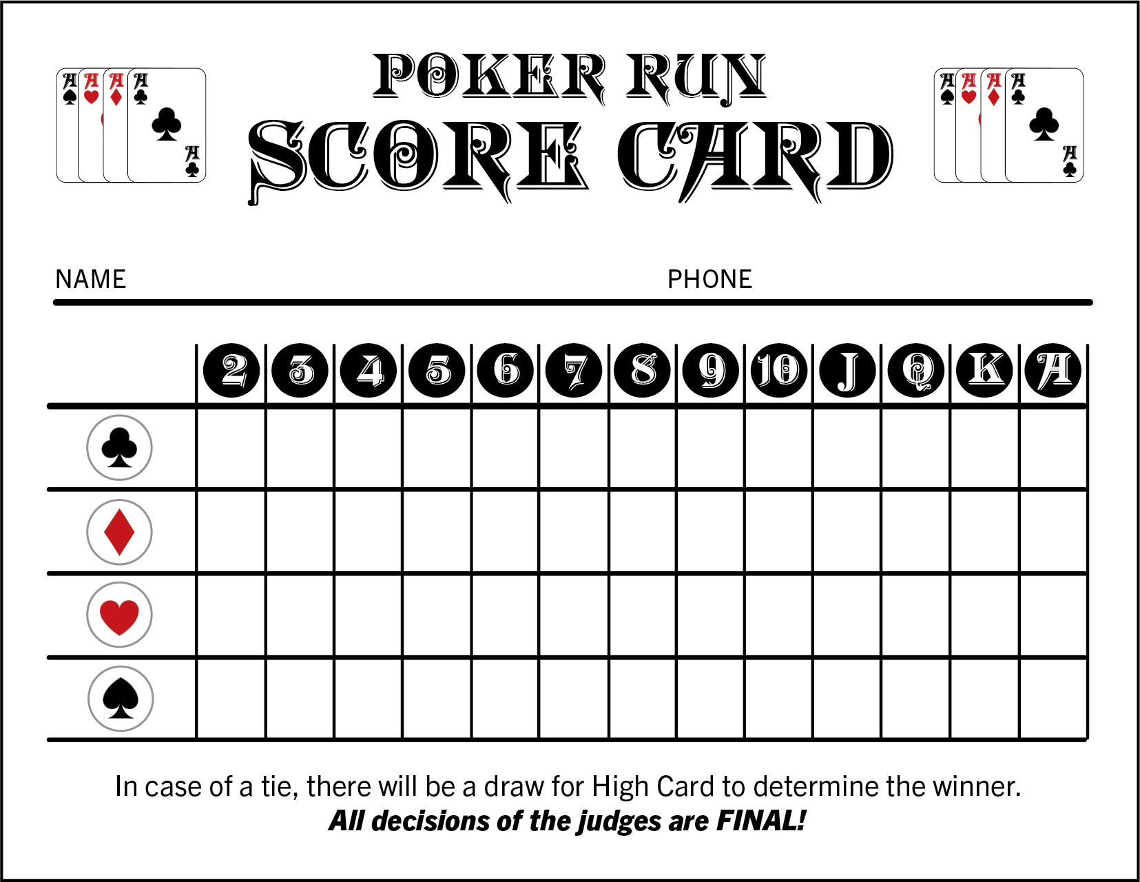 Poker Run Score Card - Standard