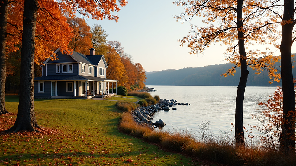 Wide angle view of a Connecticut lakefront home with autumn foliage