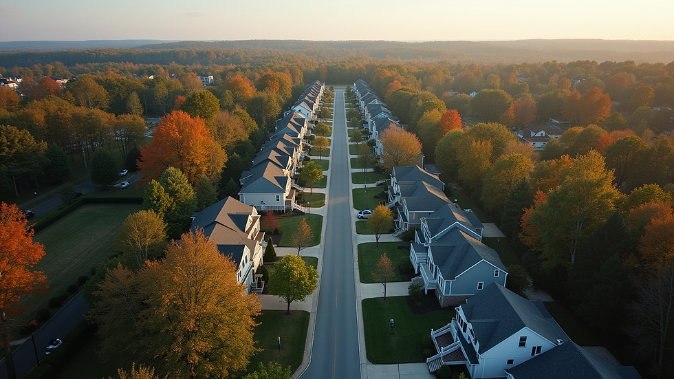 High angle view of a Connecticut neighborhood with houses and trees