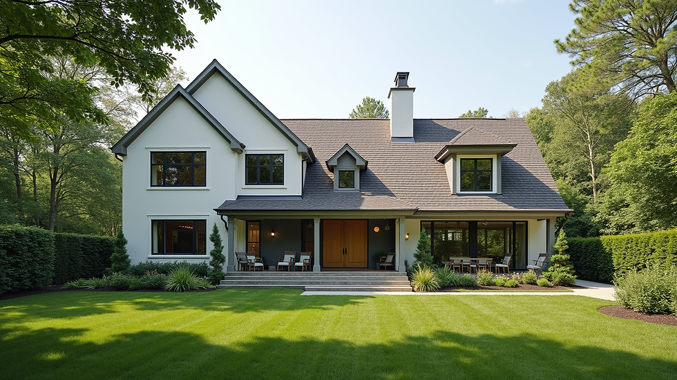 Wide angle view of a modern family home with a spacious front yard in Connecticut
