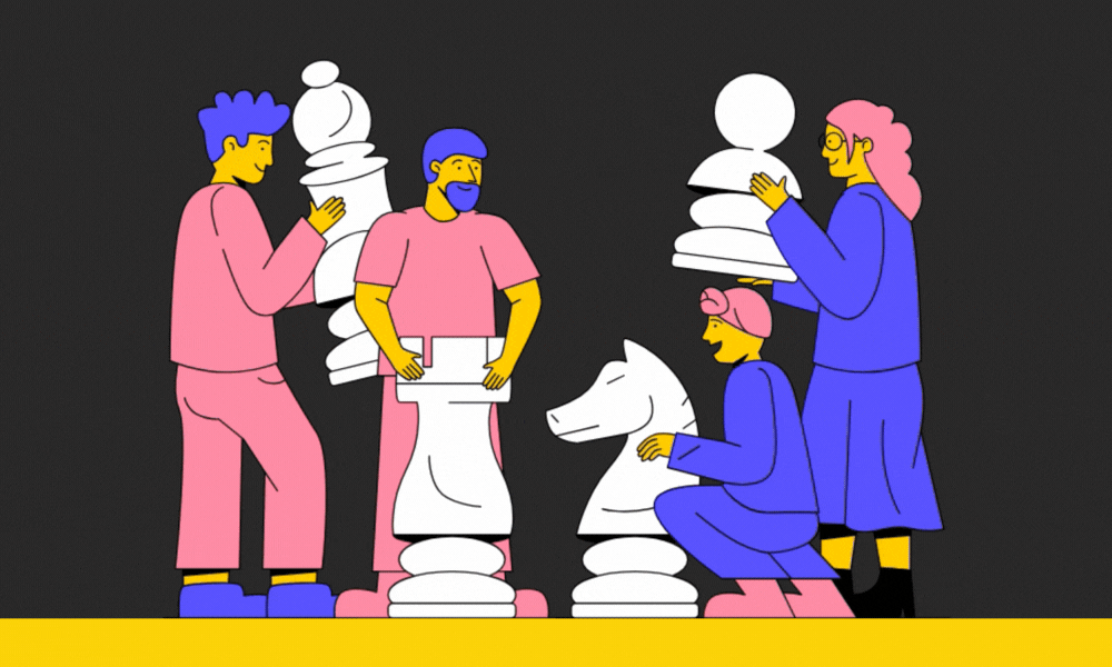 A gif of four people who appear to be planning a game of chess. They are holding life size chess pieces and moving them around