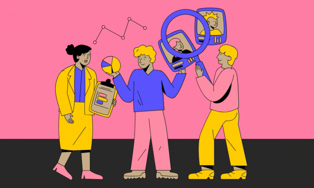 A gif of group of people looking a candidates with a microscope and holding various representations of metrics and charts