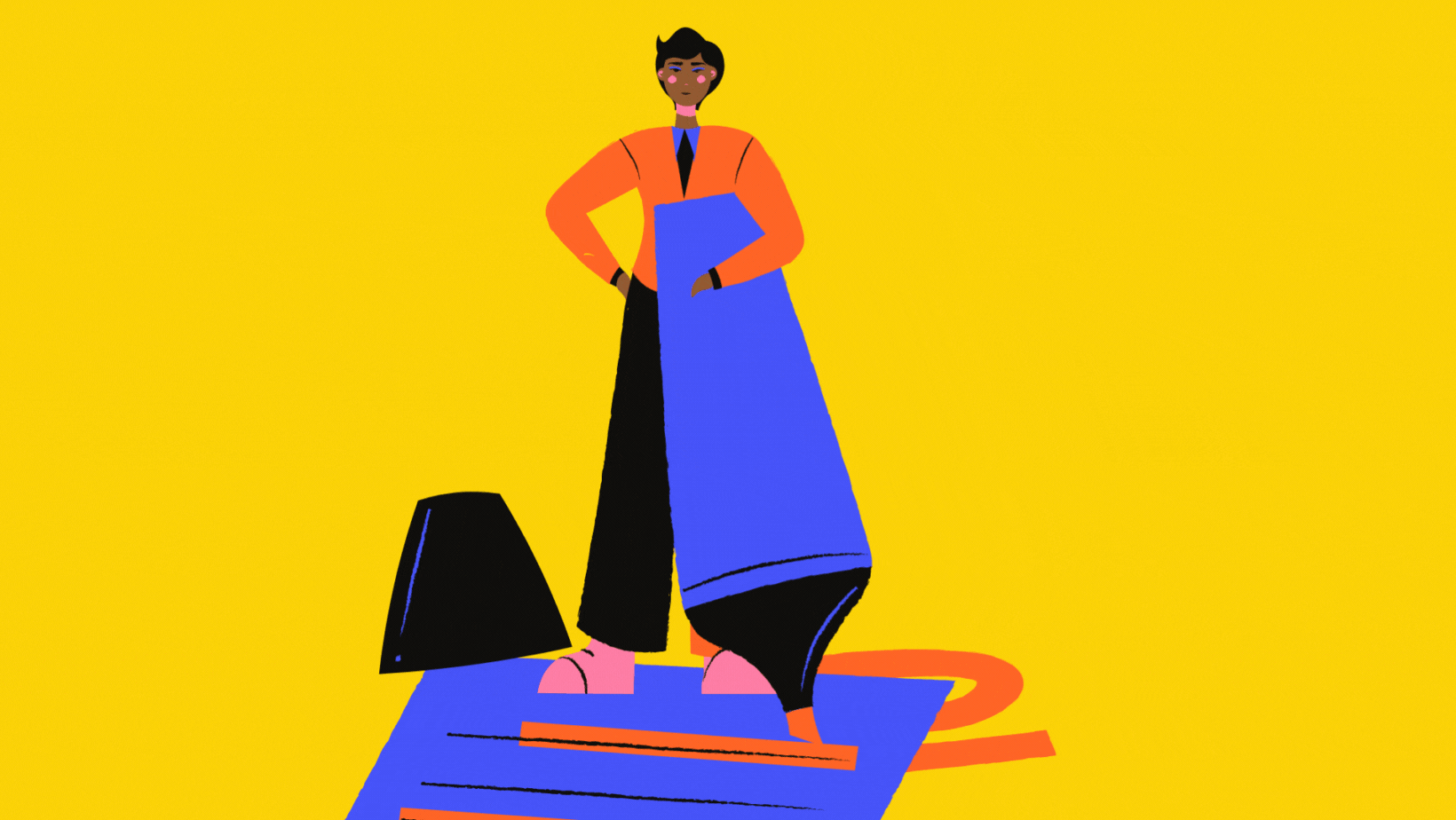 An illustration of a genderfluid person holding a oversized highlighter. A page below has portions of nondescript text highlighted. In the background, a soft, animated starburst radiates around them.