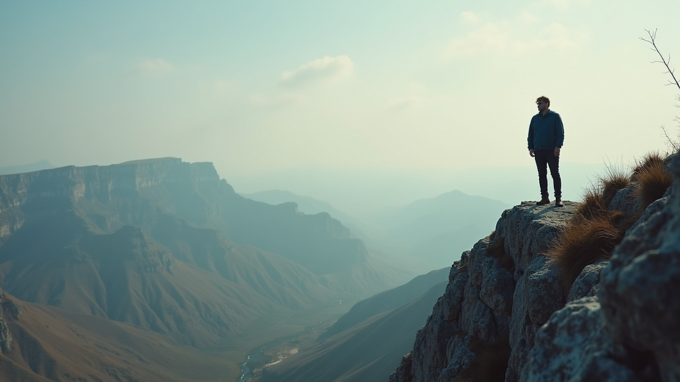 Eye-level view of a single person standing strong on a rocky cliff overlooking a vast landscape